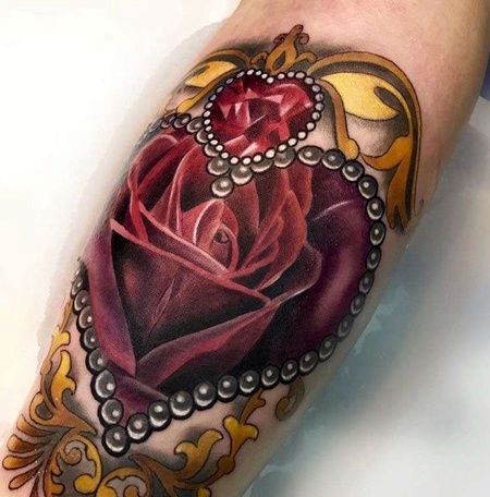 New School小腿玫瑰宝石纹身图案