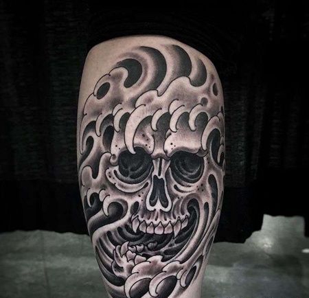 新传统小腿骷髅海浪纹身图案