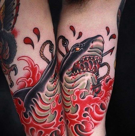 新传统大臂鲨鱼纹身图案