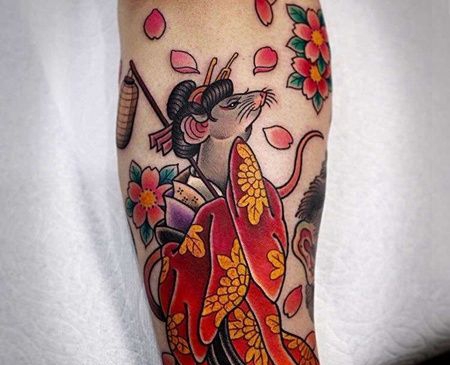 日式小臂老鼠艺伎纹身图案