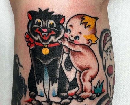 Old School小腿婴儿黑猫纹身图案