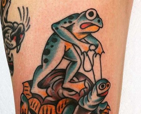 Old School大腿青蛙乌龟纹身图案