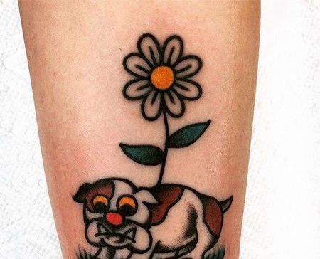 Old School小臂狗花卉纹身图案