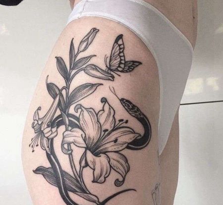 New School大腿百合蛇蝴蝶纹身图案