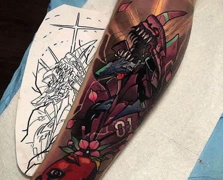 卡通小腿机械恐龙纹身图案