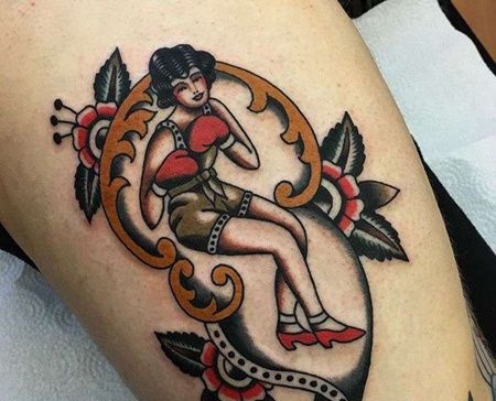 Old School大腿女拳击手纹身图案