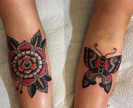 Old School小臂繁花蝴蝶纹身图案