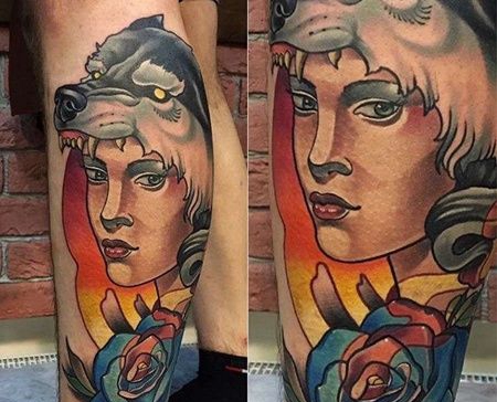 New School小腿女人狼纹身图案