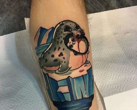 New School小腿冰块海豹企鹅纹身图案