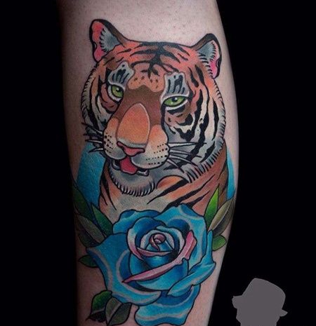 New School小腿老虎玫瑰纹身图案