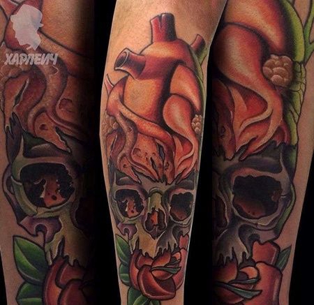 New School小臂心脏骷髅纹身图案