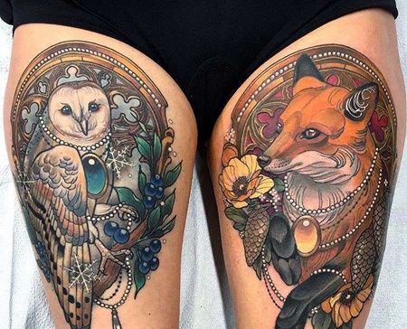 New School大腿狐狸猫头鹰纹身图案