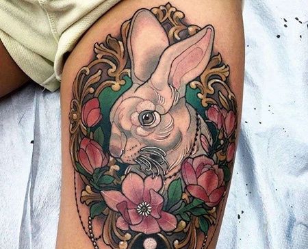 New School大腿兔子花卉纹身图案