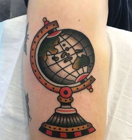 Old School大腿地球仪纹身图案