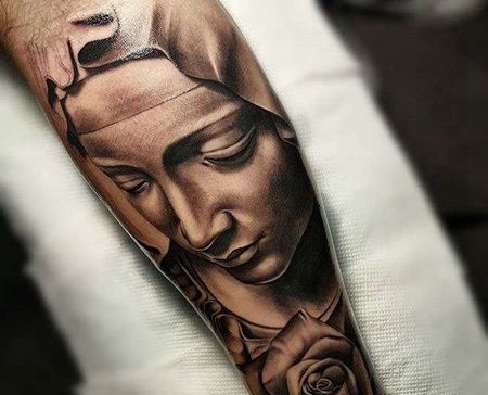 写实小腿圣母玫瑰纹身图案