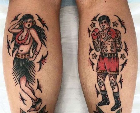 Old School小腿女人拳击手纹身图案