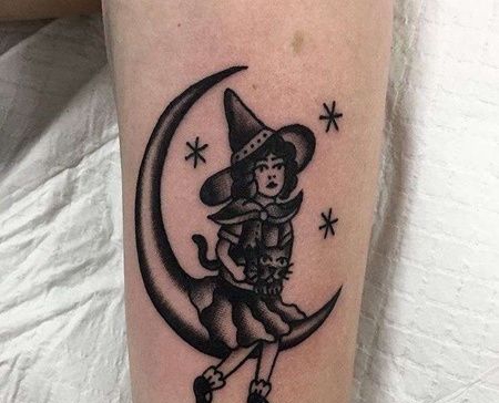 Old School小腿女巫纹身图案