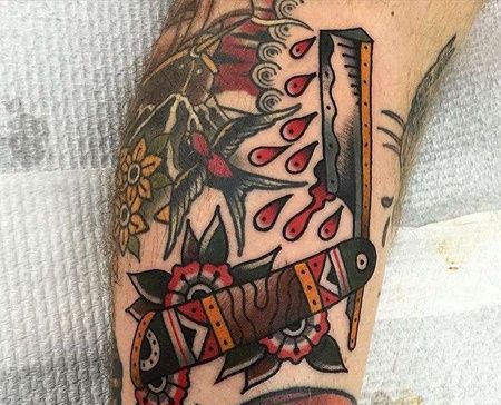 Old School小腿剃刀纹身图案