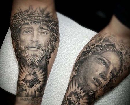 写实小腿耶稣圣母纹身图案