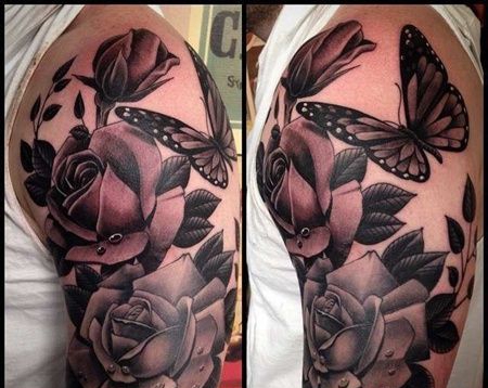 写实大臂玫瑰蝴蝶纹身图案