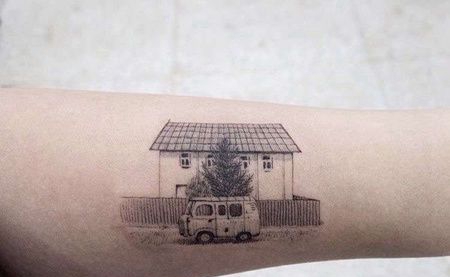 小清新小臂汽车房子纹身图案