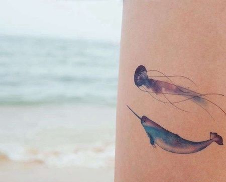 水彩大腿独角鲸水母纹身图案