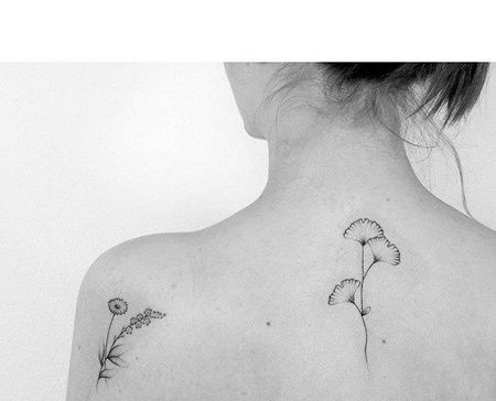 小清新后肩后背花卉银杏叶纹身图案