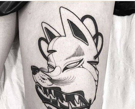 New School大腿狐面纹身图案