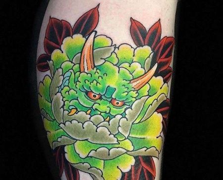 日式小腿牡丹夜叉纹身图案