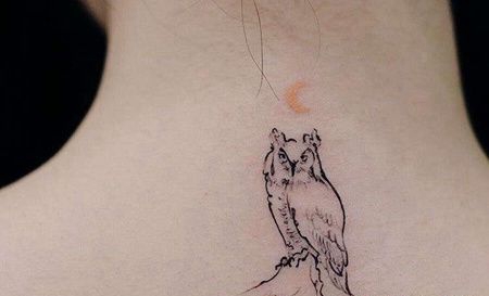 小清新后颈猫头鹰纹身图案