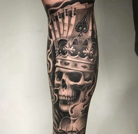 写实小腿骷髅扑克纹身图案