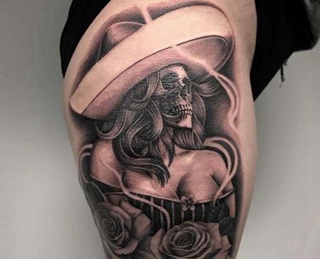 写实大腿女人玫瑰骷髅纹身图案