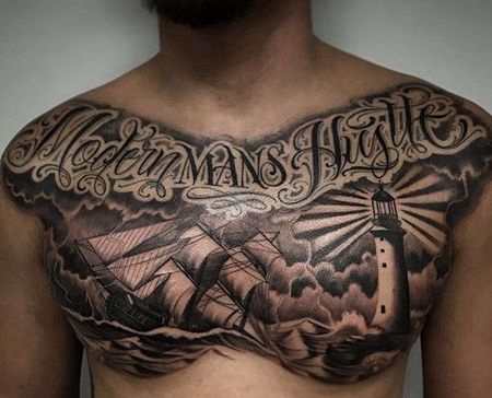 写实前胸灯塔帆船纹身图案