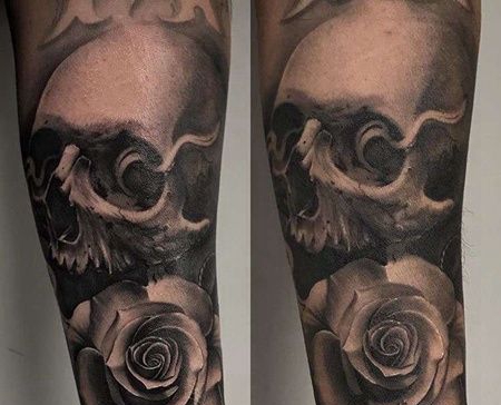 写实小臂骷髅玫瑰纹身图案