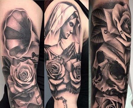 写实大臂玫瑰骷髅圣母唱片机纹身图案