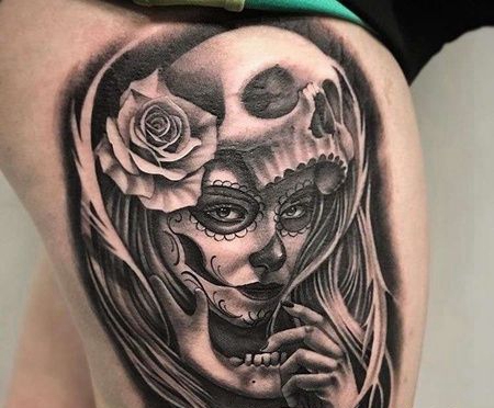 写实大腿女人骷髅玫瑰纹身图案