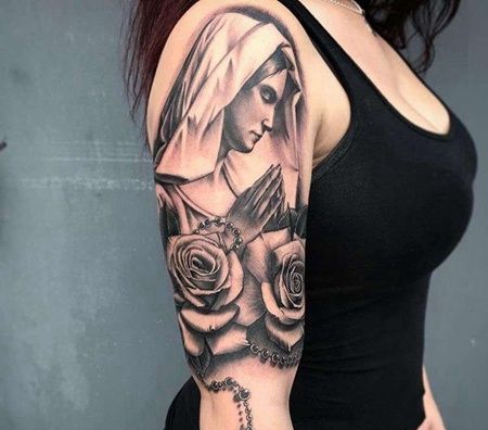 写实大臂圣母玫瑰纹身图案