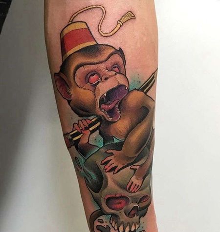 New School小臂猴子骷髅纹身图案