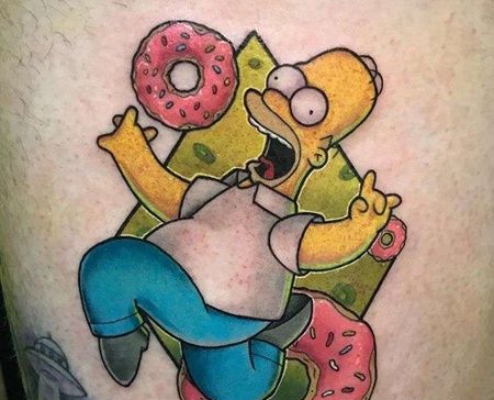 New School大腿辛普森甜甜圈纹身图案