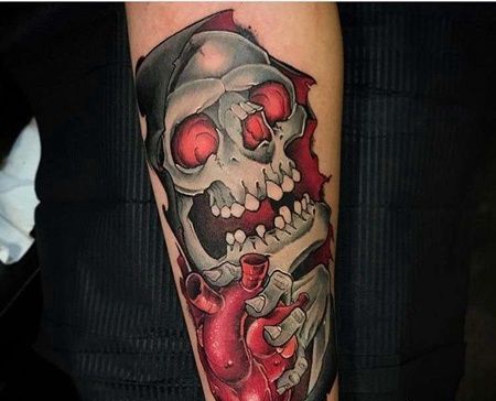 New School小臂骷髅心脏纹身图案
