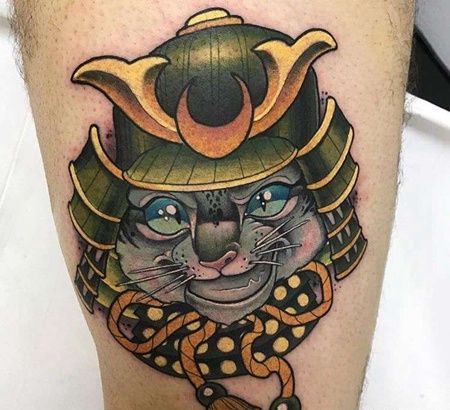 New School大腿猫武士纹身图案