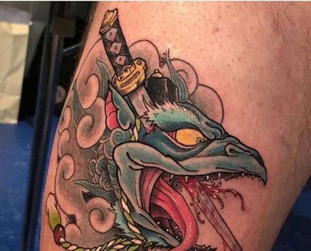 New School大腿夜叉纹身图案