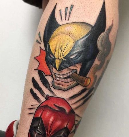 New School小腿漫威金刚狼死侍纹身图案