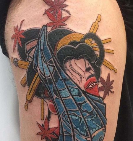 日式大腿艺伎般若纹身图案