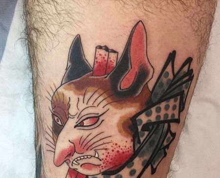 日式大腿猫妖纹身图案