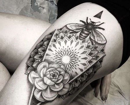 点刺大腿繁花蜜蜂花卉纹身图案