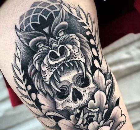 New School大腿骷髅狒狒牡丹纹身图案