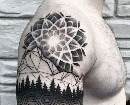 点刺几何大臂繁花山纹身图案