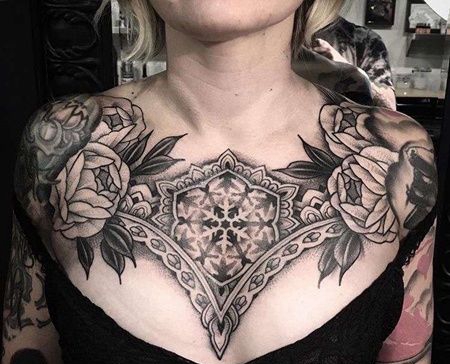 点刺前胸繁花玫瑰纹身图案