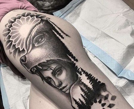 点刺大腿女人熊纹身图案